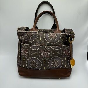R. Riveter Purse Rosie Floral Medallion Print Canvas Bag Leather USA Made Brown